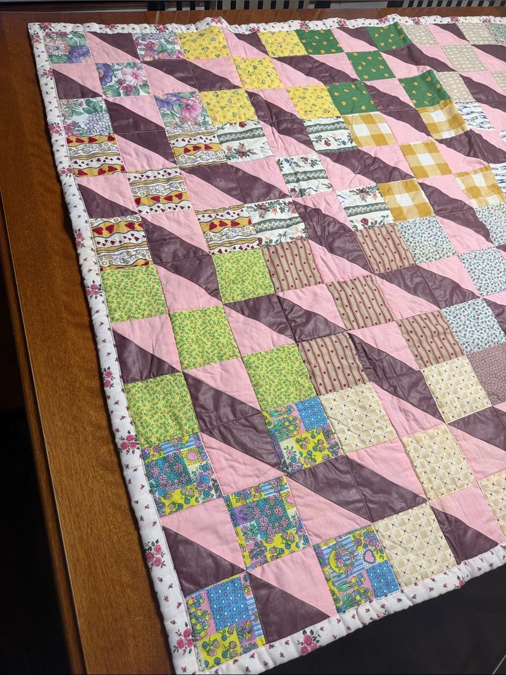 Handmade Pink and Plum Patchwork Quilt - Cozy Home Bedding - 3’ x 5’